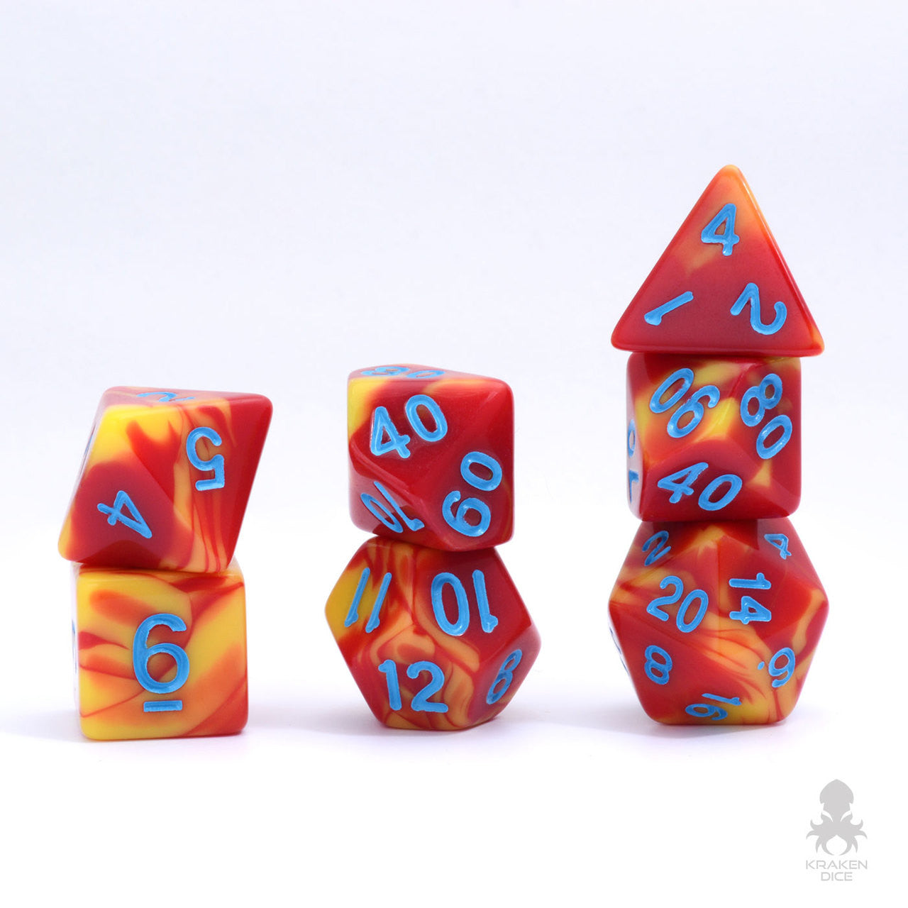 Orange & Red Fusion 7pc Dice Set Inked in Blue